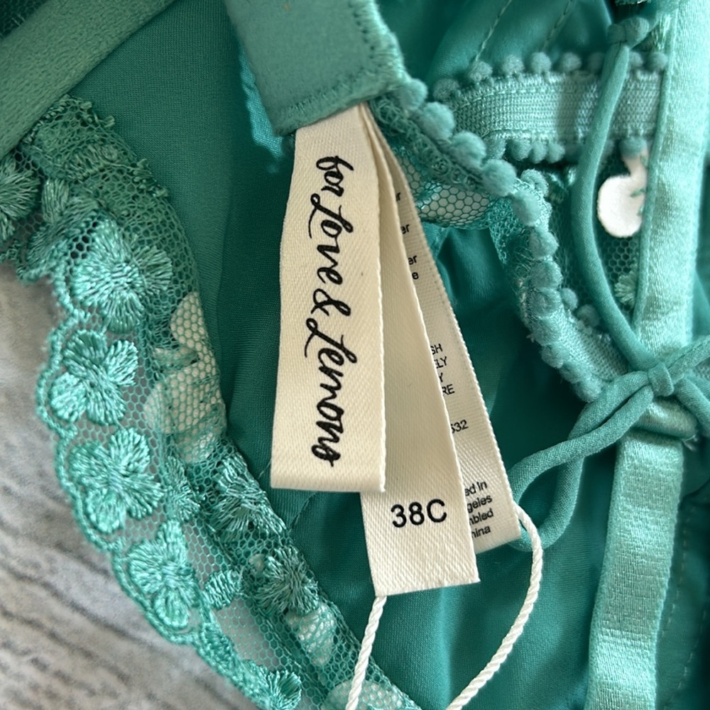For Love & Lemons Daisy Embroidered Longline Bra Jade Teal White Size 38C - Picture 11 of 12